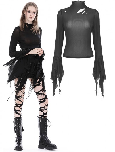 Dark in Love Black Gothic Punk Irregular Hole Mesh Top for Women