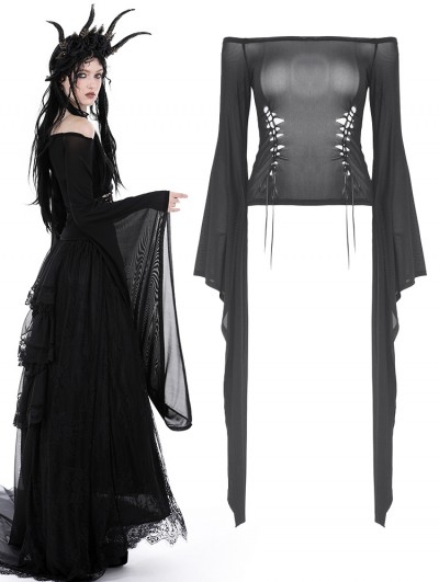 Dark in Love Black Gothic Sexy Hollow Out Long Trumpet Sleeves Mesh Top for Women