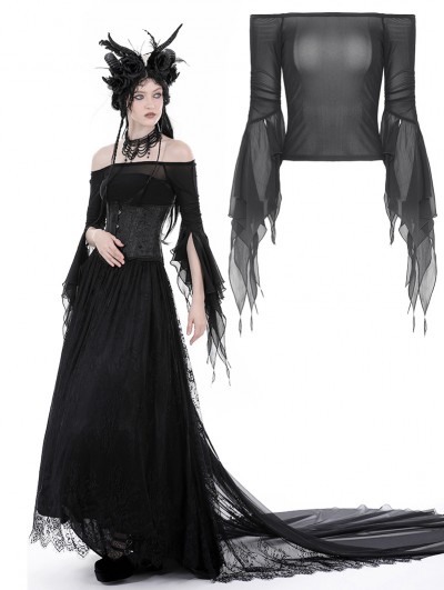 Dark in Love Black Gothic Sexy Mesh Off-the-Shoulder Long Sleeve Top for Women