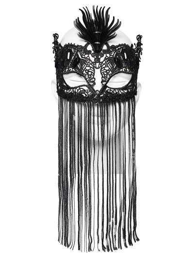 Punk Rave Black Gothic Fringed Lace Coffin Mask with Sequin Tassels