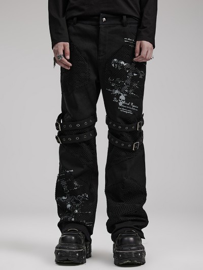 Punk Rave Black Gothic Punk Distressed Mesh Skull Printed Trousers for Men