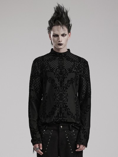 Punk Rave Black Gothic Vintage Flock Printing Knitted Long Sleeve T-Shirt for Men