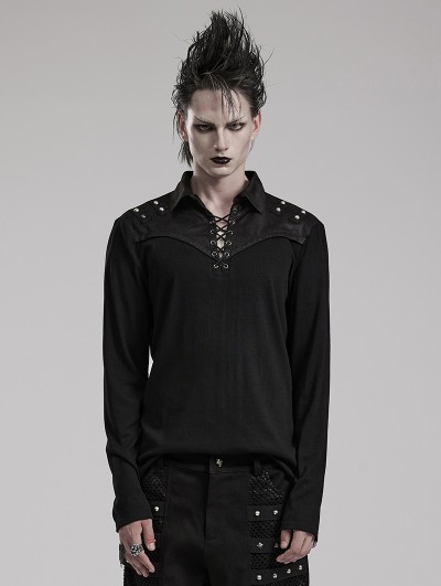 Punk Rave Black Gothic Punk Eyelet Stud Long Sleeve T-Shirt for Men