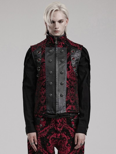 Punk Rave Black and Red Retro Gothic Victorian Jacquard Stand Collar Party Vest for Men