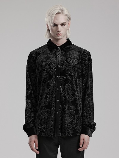 Punk Rave Black Gothic Vintage Embossed Velvet Shirt for Men