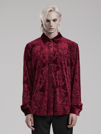 Punk Rave Red Gothic Vintage Embossed Velvet Shirt for Men