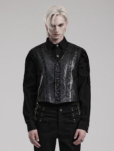 Punk Rave Black Vintage Gothic Printed PU Leather Waistcoat for Men