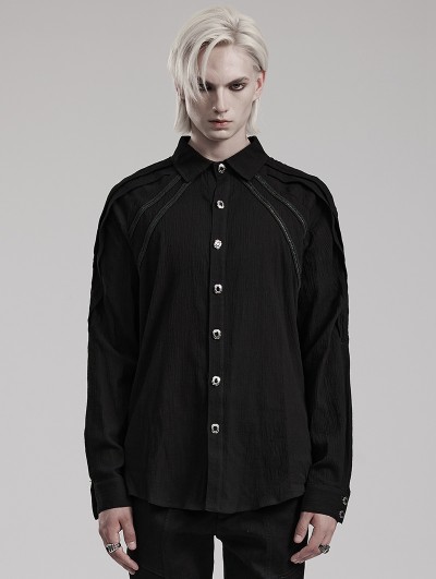 Punk Rave Black Gothic Webbing Trim Long Sleeve Shirt for Men