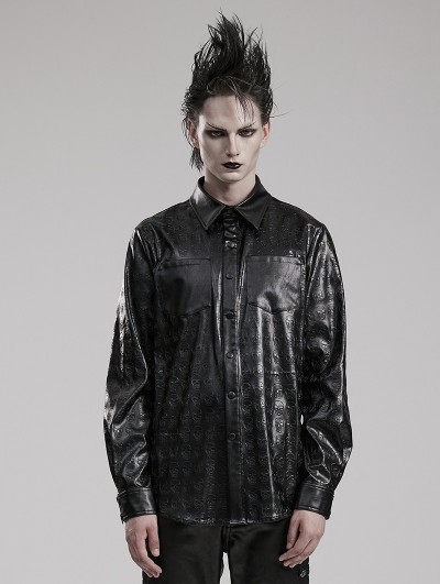 Punk Rave Black Gothic Punk Skull Embossed PU Leather Daily Wear Shirt for Men