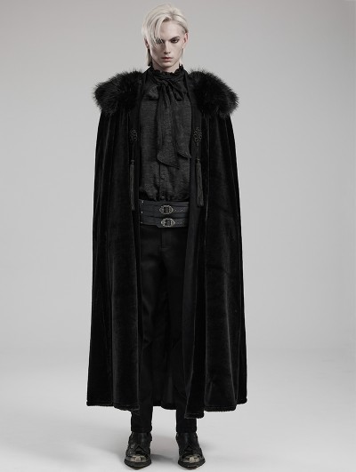 Punk Rave Black Vintage Gothic Handsome Men's Cloak with Detachable Fur Collar