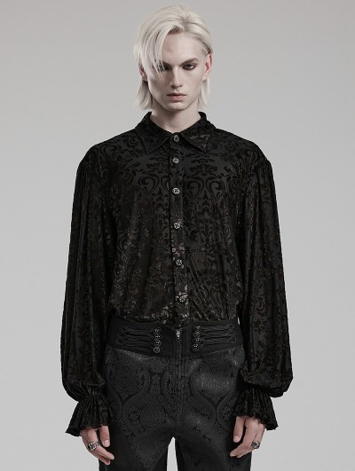 Punk Rave Black Vintage Gothic Dark Gold Printed Button-Up Shirt for Men