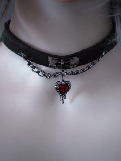 Dark Gothic Red Love Crystal Pendant Faux Leather Choker