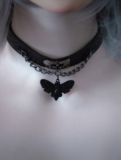 Black Gothic Moth Pendant Punk Chain PU Leather Choker