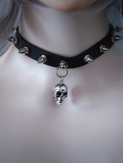 Black and Silver Skull Pendant Rivet Spike Faux Leather Choker