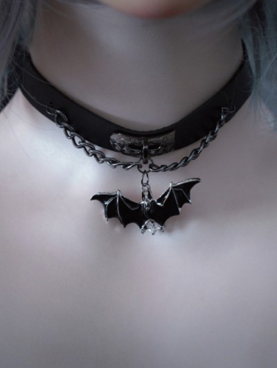 Black Gothic Punk Rock Bat Pendant Faux Leather Choker