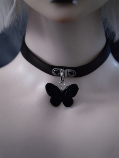 Black Dark Gothic Faux Leather Choker with Butterfly Pendant