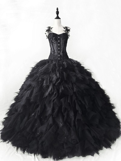 Rose Blooming Black Romantic Gothic Lace Tulle Wedding Prom Ball Gown Dress