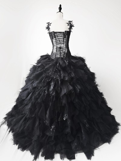 Rose Blooming Black Romantic Gothic Lace Tulle Wedding Prom Ball Gown Dress  - DarkinCloset.com