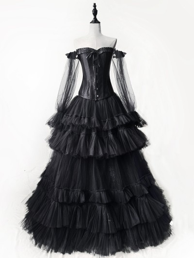 Rose Blooming Black off-the-Shoulder Long Sleeve Tulle Gothic Corset Prom Party Dress