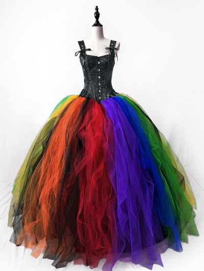 Rose Blooming Colorful Gothic Corset Prom Party Ball Gown Dress