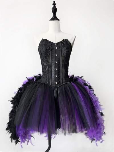 Rose Blooming Black and Purple Gothic Feather Burlesque Corset Short Prom Party Dress