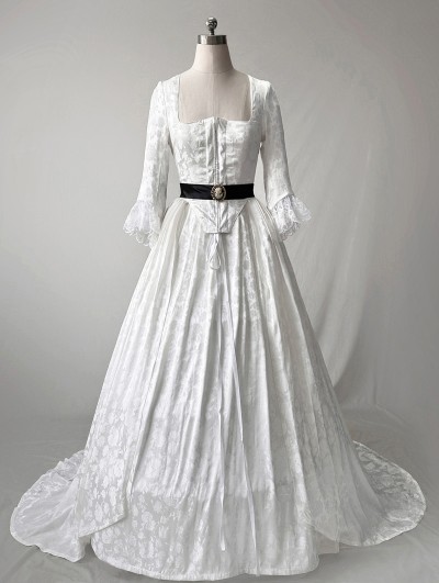 Rose Blooming White Patterned Historical Victorian Edwardian Wedding Tea Party Dress