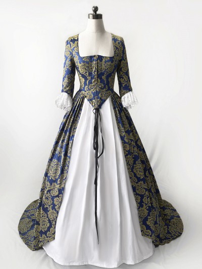 Rose Blooming Blue Historical Patterned Victorian Civil War Queen Dress