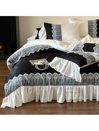 Black and White Vintage Gothic Lace Ruffle Gothic Comforter Set