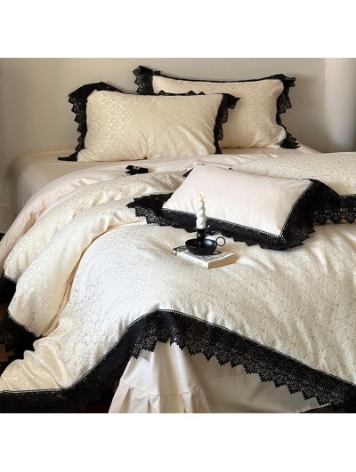 Cream and Black Jacquard Lace Vintage Gothic Comforter Set