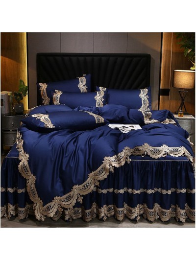 Peacock Blue Vintage Luxurious Embroidery Lace Comforter Set