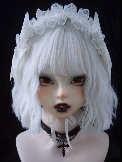 White Gothic Lolita Wings Bowknot Lace Ruffle Headband
