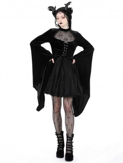 Dark in love Black Gothic Spider Web Long Trumpet Sleeve Short Velvet Dress