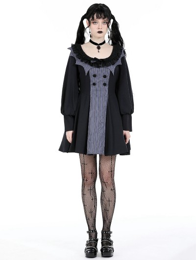 Dark in love Black Gothic Pinstripe Long Sleeve Academism Short Dress