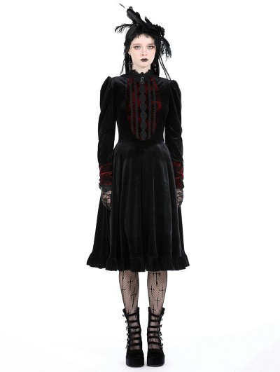 Dark in love Black and Scarlet Red Vintage Gothic Velvet Mid-Length Dress