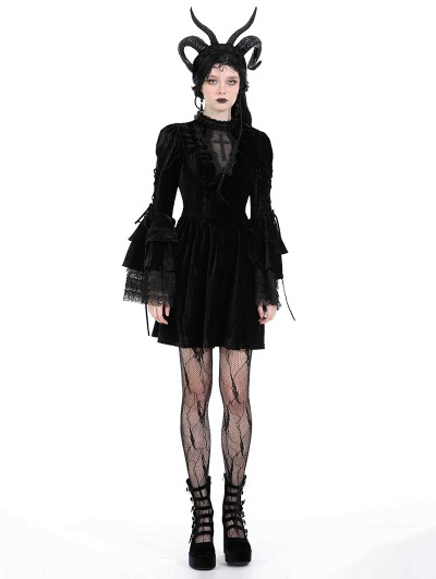 Dark in love Black Gothic Haunted Cross Long Bell Sleeves Velvet Short Dress