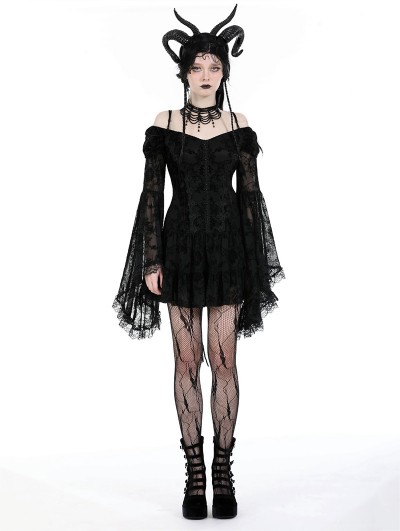 Dark in love Black Gothic Embroidered Off-the-Shoulder Long Trumpet Sleeves Short Dress