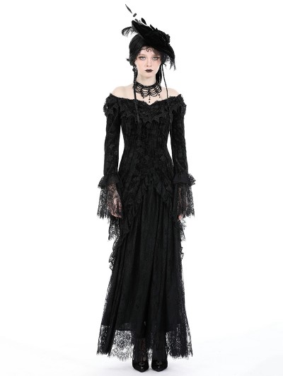 Dark in love Black Gothic Queen Rose Cold Shoulder Sexy Long Fishtail Dress