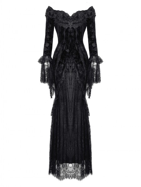 Dark in love Black Gothic Queen Rose Cold Shoulder Sexy Long Fishtail ...