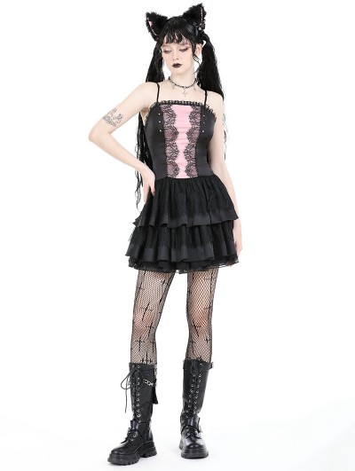 Dark in love Black and Pink Gothic Doll Lace Frilly Short Dress