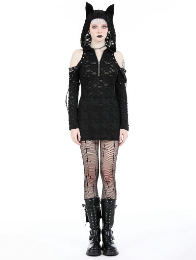 Dark in love Black Gothic Punk Devil Cat Ear Hooded Slim Mini Dress