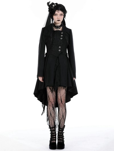 Dark in love Black Retro Gothic Asymmetrical Buttons Woolen Tail Coat for Women