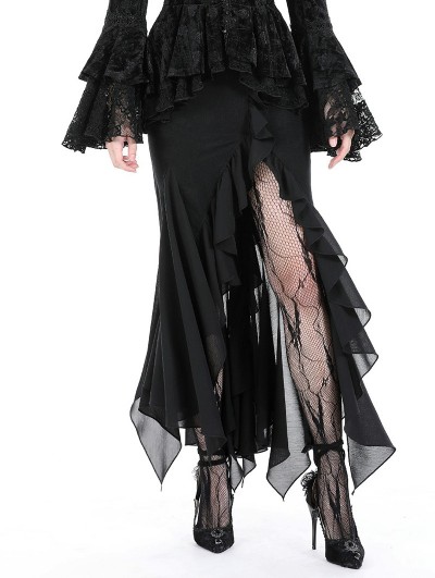 Dark in love Black Gothic Sexy Slit Ruffle Long Fishtail Skirt