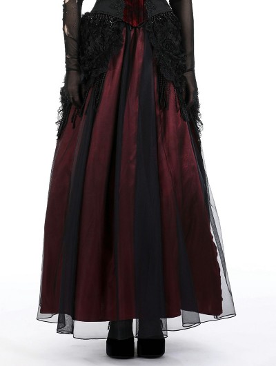 Dark in love Black and Red Gothic Flower Tasseled Long Mesh Skirt