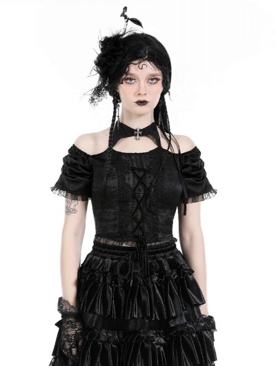 Dark in love Black Gothic Lace-Up Sexy Hollow Out Short Top for Women