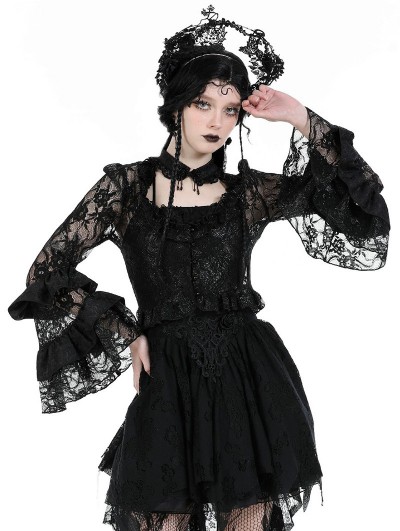 Dark in love Black Gothic Sexy Perspective Lace Petal Sleeve Top for Women