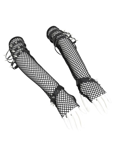 Devil Fashion Black Gothic Punk Spike Rivet Long Fishnet Gloves for Women