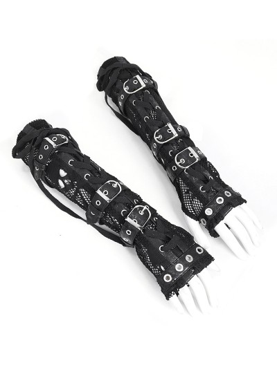 Devil Fashion Black Gothic Punk Buckle Belt Fingerless Mesh Gloves for Women