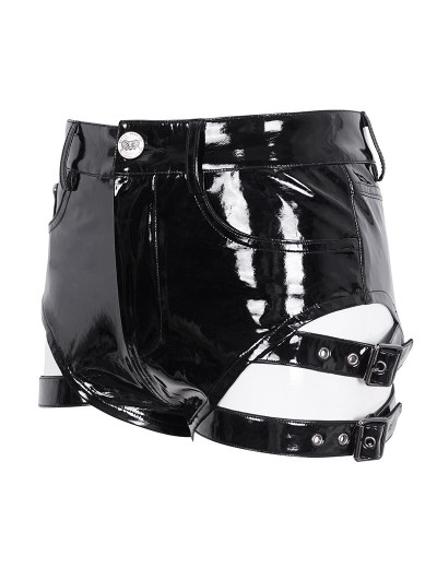 Devil Fashion Black Gothic Punk Faux Leather Garter Belt Hot Pants for  Women