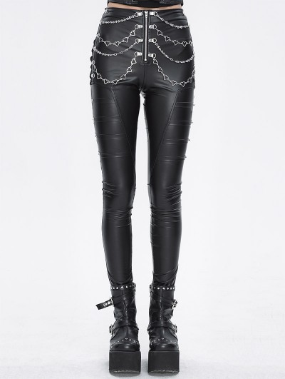 Devil Fashion Black Gothic Punk Metal Layered Chain Skinny Pants for Women