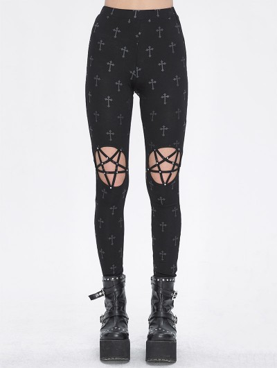 Devil Fashion Black Gothic Pentagram Cross Strap Hollow Out Leggings for Women